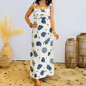 Blue and White Stars & Shells Maxi Dress